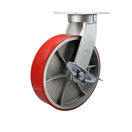 Service Caster 12'' Extra Heavy Duty Red Poly on Cast Iron Wheel Swivel Caster with Brake CRAN-SCC-KP92S1230-PUR-RS-SLB